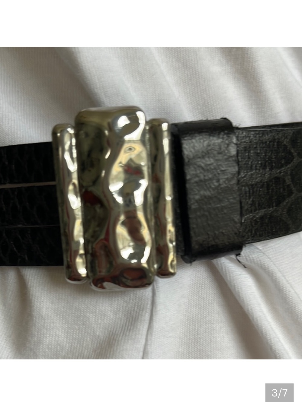 Black Leather Belt with Silver Textured Buckle - Picture 6 of 9